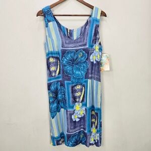 NWT Vintage Jams World Tank Dress L Blue Floral‎ Sleeveless Hawaiian Deadstock